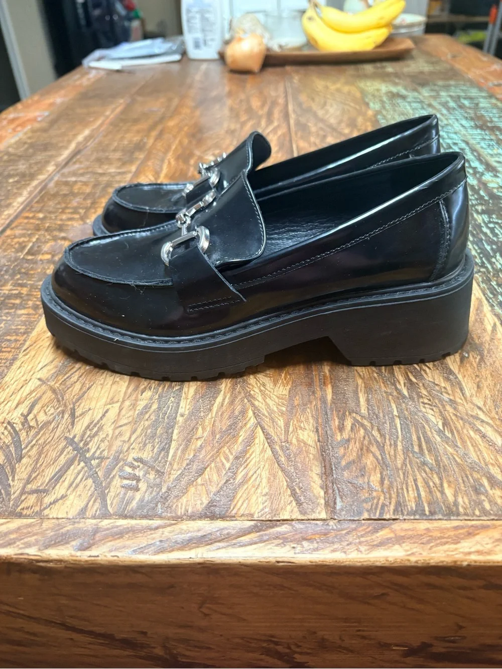 Madden Girl Carter Black Chunky Loafers Platforms with Silver Bit Detail Size 8